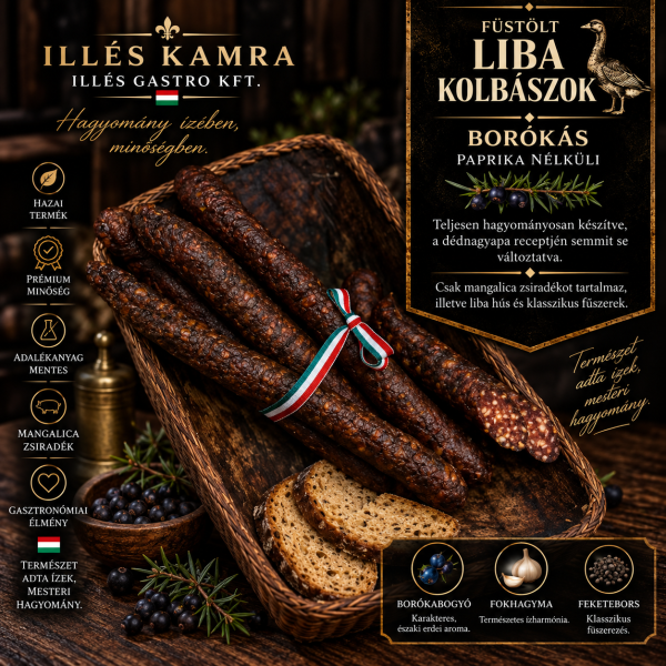 Borókás, paprika nélküli füstölt libakolbász – 1 szál